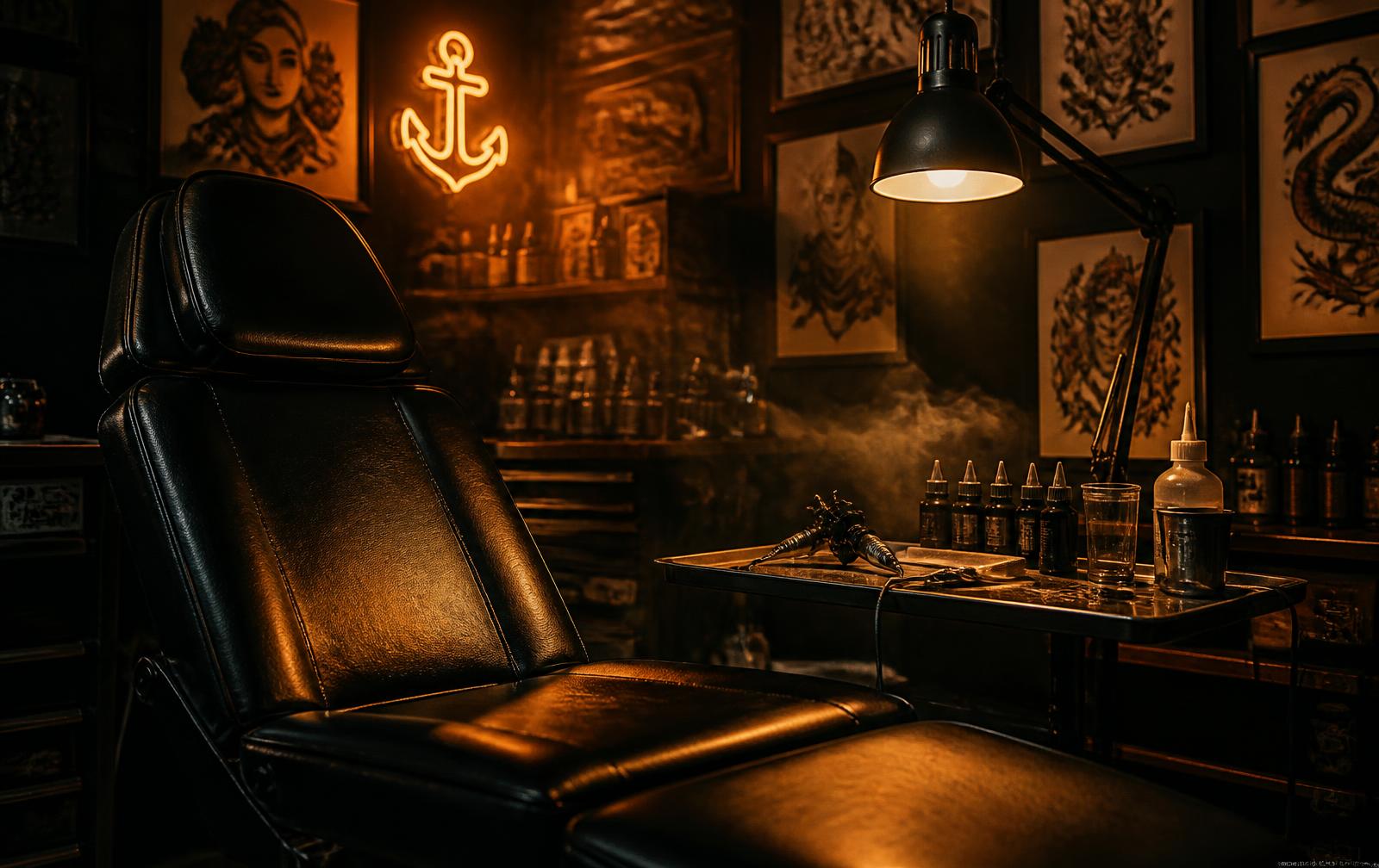 Interior do estúdio Murilo Lourenço Tattoo com maca preta e iluminação âmbar